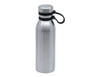A drink bottle in polished silver metal, featuring a black screw lid and carrying loop. It has a minimalist design and a logo.