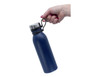 A drink bottle in navy blue, featuring a stainless steel lid and a handle, with a branding logo.