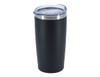 A travel mug featuring a sleek black design with a clear lid and stainless steel accent.