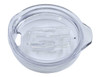A clear, transparent lid designed for a travel mug, featuring an opening and a small handle.