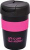A travel mug featuring a black body with a pink band and a black lid, complete with a logo.