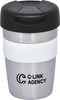 A travel mug with a stainless steel body, black lid, and white silicone band featuring a logo.