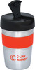 A double wall travel mug featuring a silver body, an orange silicone grip, and a black lid with a spout. It has a logo.