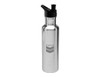 A stainless steel drink bottle featuring a black spout cap and a logo. Polished silver finish.