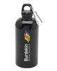 A drink bottle in black stainless steel with a carabiner and a logo on the side.