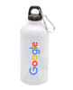 A drink bottle in clear stainless steel with a black lid and a silver carabiner, featuring a colourful logo.