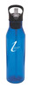 A drink bottle in blue with a clear straw and a black cap, featuring a logo on the side.