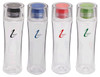 A drink bottle set featuring transparent designs with black, blue, red, and green lids, each with a logo.