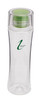 A drink bottle with a transparent body and a green lid, featuring a logo on the side.