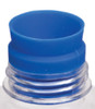 A drink bottle with a clear body and blue lid, featuring a ridged design and a branding logo.