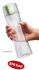 A drink bottle featuring a clear body with a green cap, designed for easy grip. It has a logo but is BPA free.