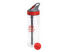 A drink bottle with a clear body, black straw, black and red lid, and a red mixing ball, featuring a logo.
