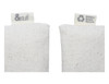 A white fabric pouch with a textured surface, featuring labels for branding and recycling information.
