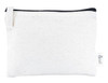 A white calico pouch with a black zipper, suitable for earphones, featuring a small logo.