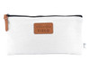 A white pencil case with a leather patch featuring a logo, closed with a black zip and a tan zipper pull.