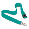 A turquoise lanyard with a metal clip and a buckle for easy attachment. Features a logo.