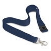 A navy blue lanyard with a clip attachment and a black buckle, featuring a logo on the strap.