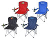A set of four folding outdoor chairs in red, blue, black, and navy, each with a drink holder and logos.