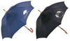 Two umbrellas are displayed, one in navy blue with a logo and the other in black with a logo, both featuring a curved handle.