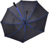 A black umbrella with blue accents, featuring a sturdy handle and an open design showcasing the inner canopy.