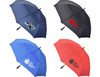 A collection of Deluxe 30 auto golf umbrellas in black, blue, red, and grey, featuring various logos.