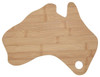 A bamboo cheese board shaped like Australia, featuring a natural wood finish and a circular hole for hanging.