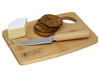 A bamboo cheese board with knife, featuring a wedge of cheese and a stack of crackers. The knife has a wooden handle.