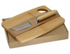 A bamboo cheese board set featuring a knife, presented in a kraft box. The set is natural in colour.