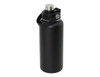 A drink bottle in black, featuring a silver cap and a handle, designed for vacuum insulation.