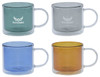 A set of four double wall mugs in teal, grey, blue, and orange, each with a branding logo.