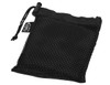 A black mesh pouch containing a towel, showcasing its compact design and rPET material.
