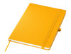 A yellow A5 notebook featuring a textured cover, an elastic band, and a ribbon bookmark. It includes branding.