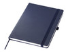 A navy A5 notebook with an elastic band closure and a bookmark ribbon, featuring a logo on the cover.