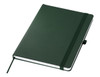 A dark green A5 notebook with an elastic band and a ribbon bookmark, featuring a logo on the cover.