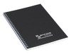 A black A5 spiral notebook with a branded logo on the cover.