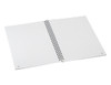 An open A5 spiral notebook with lined pages and a silver spiral binding, featuring a plain white cover.