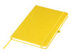 A yellow A5 notebook with a bookmark and elastic closure, featuring a logo on the cover.