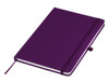 A purple A5 notebook with an elastic closure and a ribbon bookmark, featuring a logo on the cover.