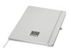 A white A4 notebook with a logo, featuring an elastic band closure and a ribbon bookmark.