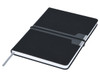 A black A5 notebook with a grey bookmark and an elastic closure, featuring a pocket on the cover.