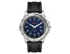A sports watch with a navy blue dial and silver-tone case, featuring a black silicone strap and a logo.