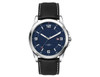 A casual unisex watch featuring a navy blue face and a black leather strap, with a stainless steel case and a branding logo.