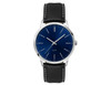 A men's dress watch featuring a blue dial and a black leather strap, with a silver case and simple hour markers.