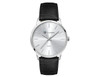 A men's dress watch featuring a silver dial and a black leather strap, with a sleek, minimalist design.