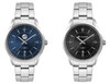 Two stainless steel strap watches featuring a blue dial and a black dial, both with numeric markers and a date display.