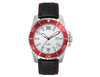 A sports watch with a silver case, white dial, red bezel, and either a leather or silicone strap with red stitching.