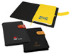 A multi-coloured portfolio featuring a yellow notebook, a black cover with a logo, and decorative closures.