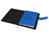 A black portfolio opens to reveal a blue notebook with a logo, featuring a closure strap and elastic bookmark.