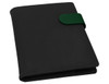 A black portfolio with a green clasp, featuring a simple and sleek design suitable for office and business use.