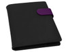 A black portfolio with a purple clasp, featuring a smooth finish and a subtle logo. Suitable for office use.